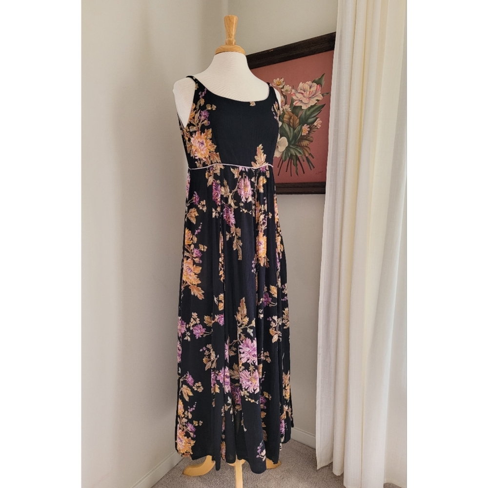 90s Black Floral Scoop Neck 1990s Vintage Flowy Feminine Rayon Gauze Maxi Dress - Picture 2 of 16